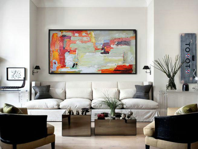 Handmade Large Contemporary Art,Horizontal Palette Knife Contemporary Art,Modern Art Abstract Painting,Red,Light Green,White,Yellow.etc